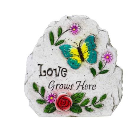 Garden Stone with Butterfly & Flowers – “Love Grows Here”