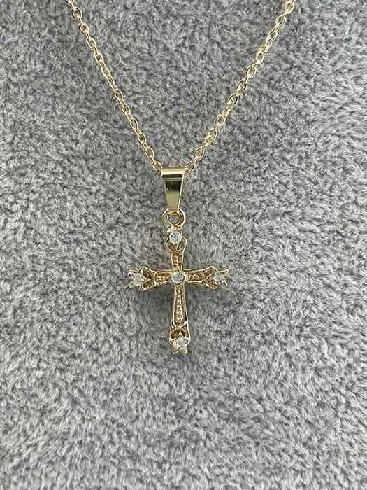 Gold Ornate Cross Necklace with 5 Rhinestones