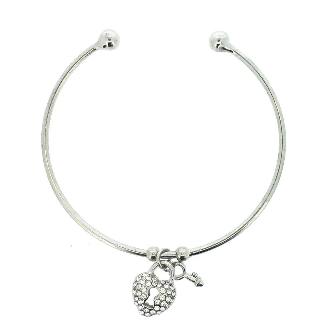Silver Cuff Bracelet with Rhinestone Heart Lock & Key Charm