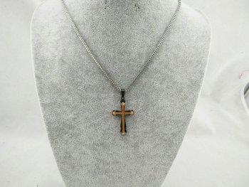 Gold on Black Large Cross Necklace with Silver Tone Box Chain
