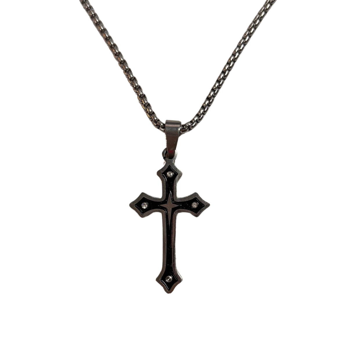 Stainless Steel Cross Necklace with Black Enamel & Crystal Accents