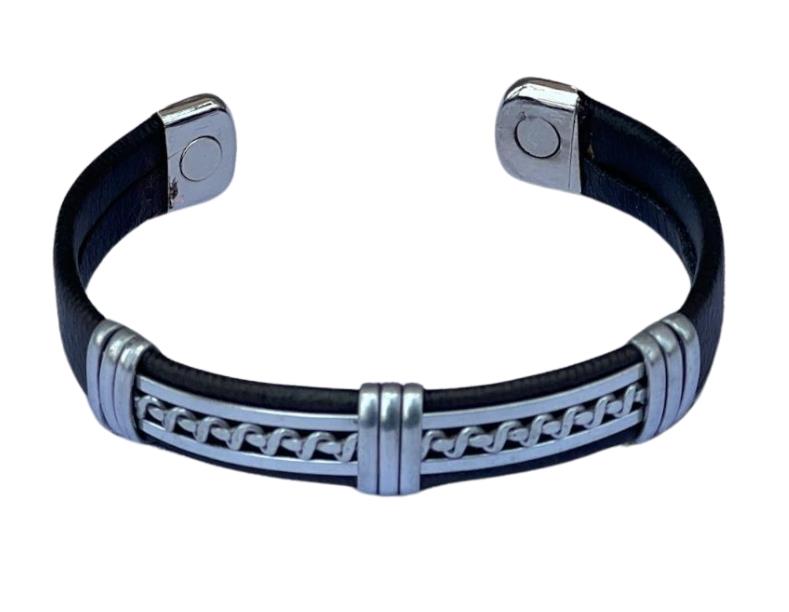 Black Leather Magnetic Bracelet with Silver Accents – Wellness & Pain Relief