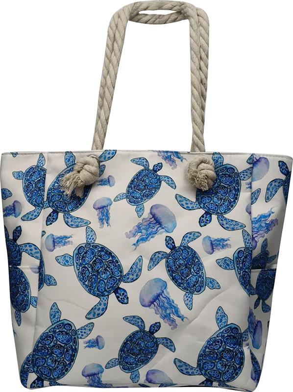 Heavy Canvas Tote Bag – White with Blue Turtles