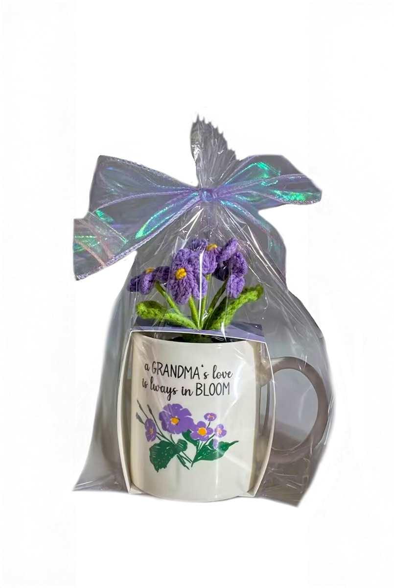 Mug – “A Grandma’s Love Is Always in Bloom” with Knitted Purple Flowers