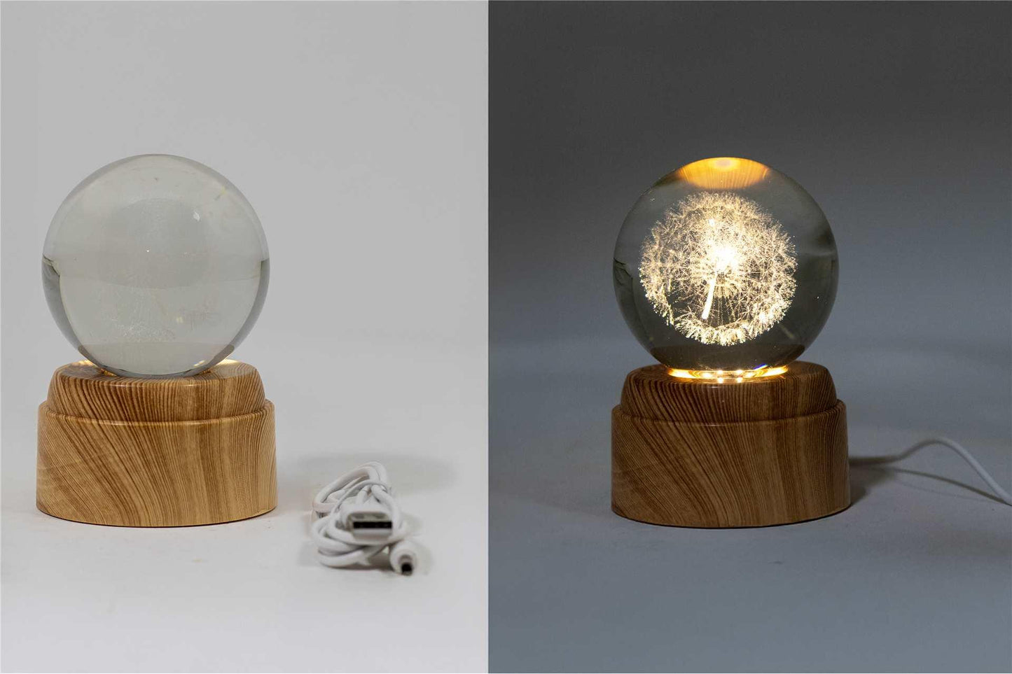 Dandelion Crystal Ball – Light-Up on Wooden Base
