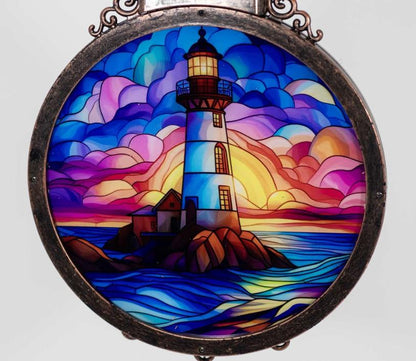 Solar Wind Chime with Stained Glass Lighthouse – Sunset Design