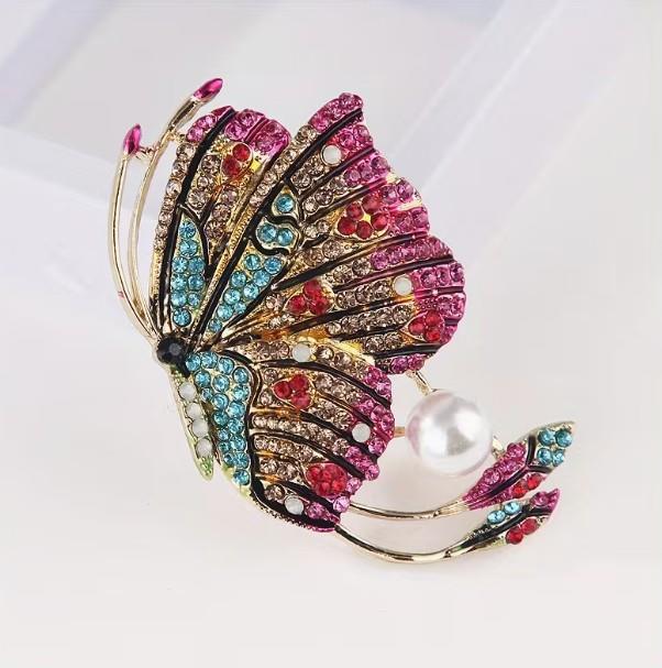 Multi-Colour Rhinestone Butterfly Brooch with Pearl Accent