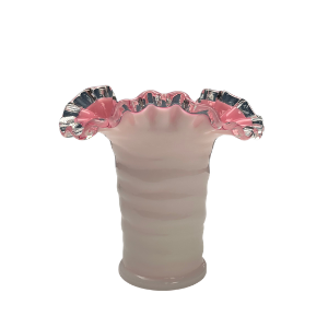 Vintage Pink Milk Glass Peach Crest Vase with Ruffled Top – 5.75"