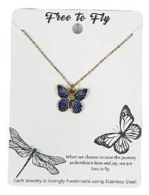 Blue Enamel Butterfly Necklace – Gold Tone Stainless Steel