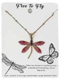 Pink Enamel Dragonfly Necklace – Gold Tone Stainless Steel