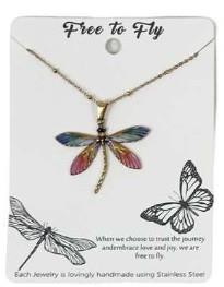 Pink & Blue Enamel Dragonfly Necklace – Gold Tone Stainless Steel