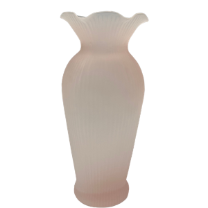 Vintage Frosted Pink Ribbed Glass Vase with Ruffled Top – 7.5"