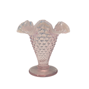 Vintage Fenton Pink Opalescent Hobnail Vase with Milky Ruffled Top – 4"
