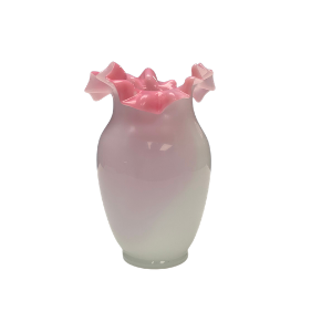 Vintage Victorian Pink Ruffled Art Glass Vase, Cased White Exterior - 5.25"x3"