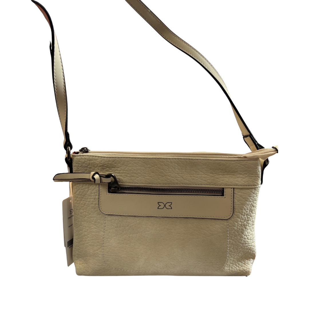 Ivory Vegan Leather Flat Crossbody Bag with Zipper Pockets – 11" x 8" x 2"