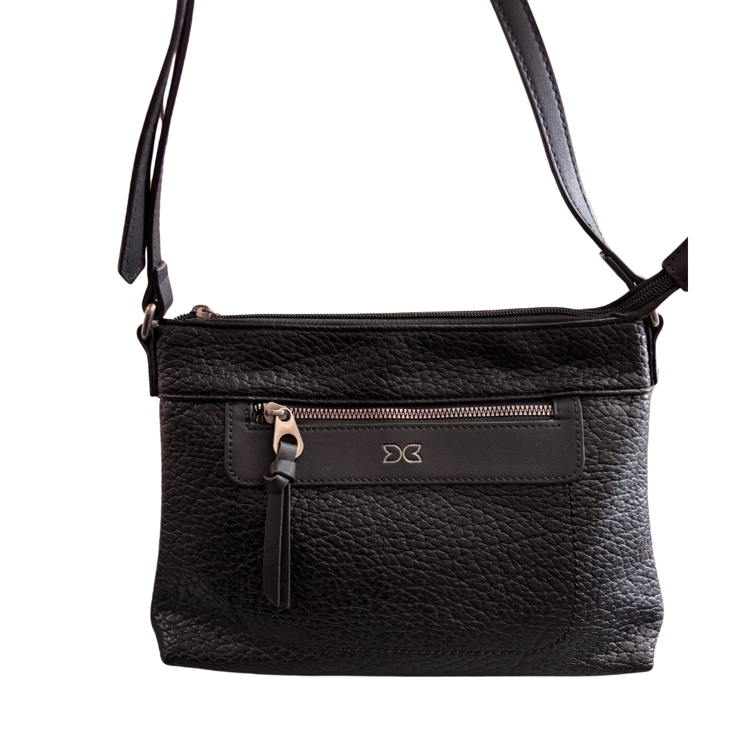 Black Vegan Leather Flat Crossbody Bag with Zipper Pockets – 11" x 8" x 2"