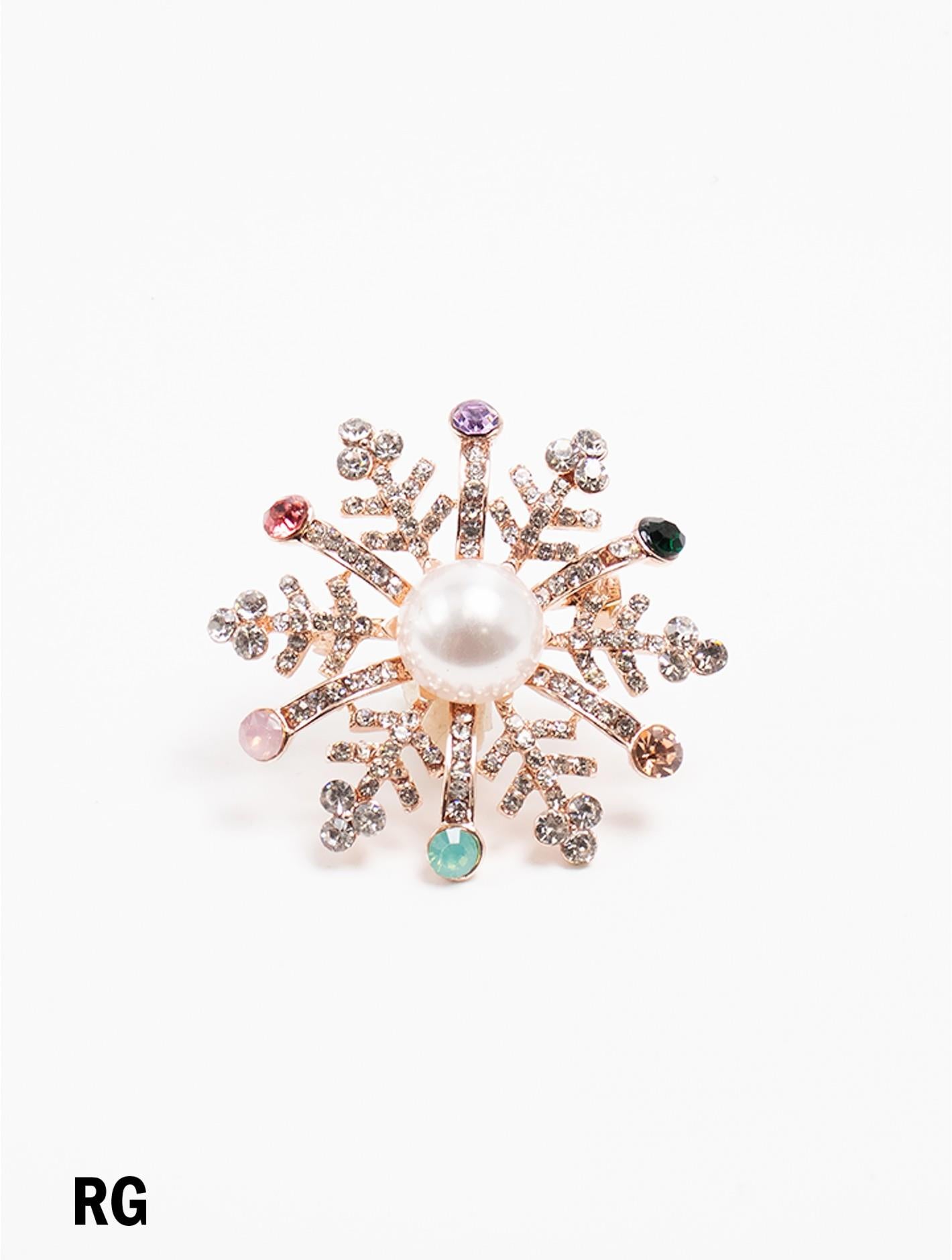 Multicolour Rhinestone Snowflake Brooch with Pearl Details