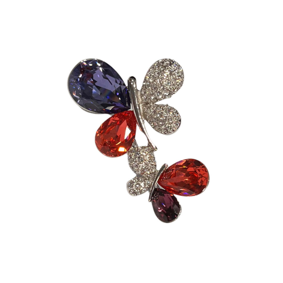 Silver-Tone Double Butterfly Brooch with Purple, Orange & Clear Rhinestones