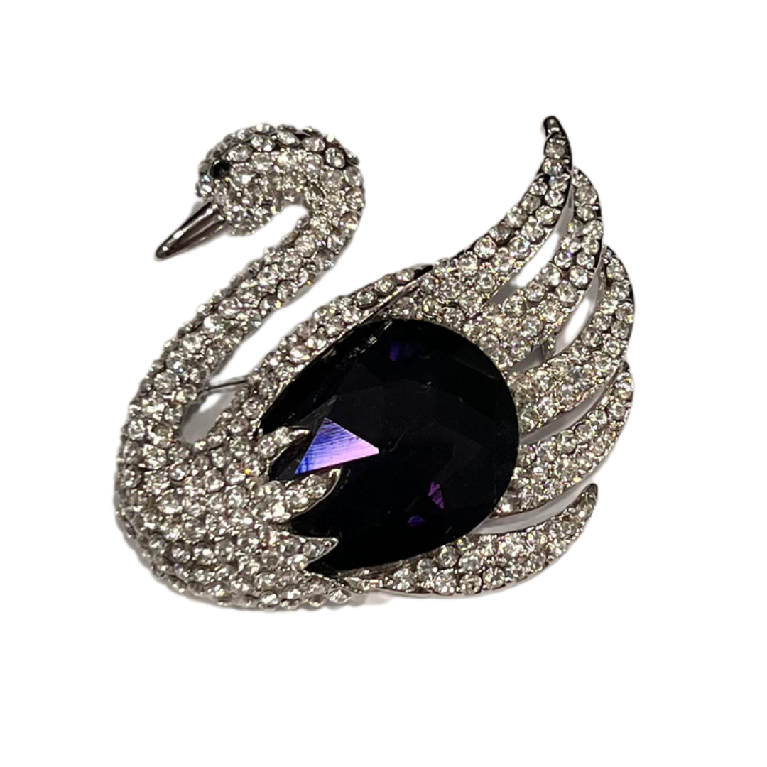 Silver-Tone Swan Brooch with Deep Purple Rhinestone