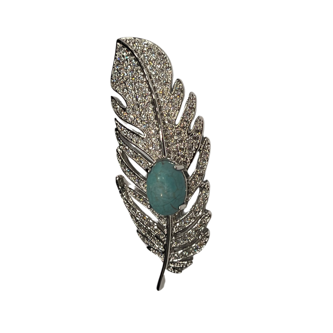 Feather Brooch with Rhinestones & Turquoise Stone