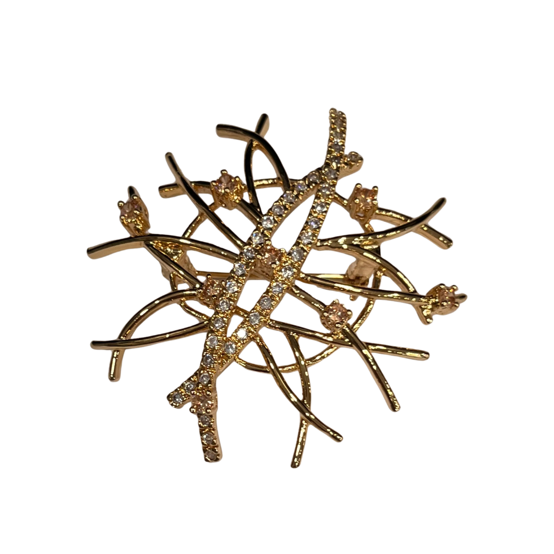 Abstract Gold-Tone Brooch with Rhinestones