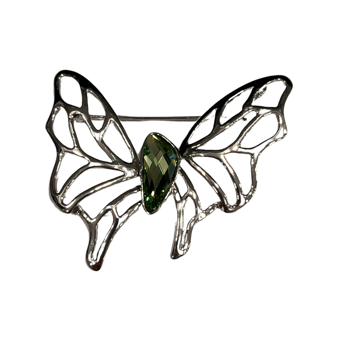 Butterfly Brooch with Openwork Wings & Green Rhinestone