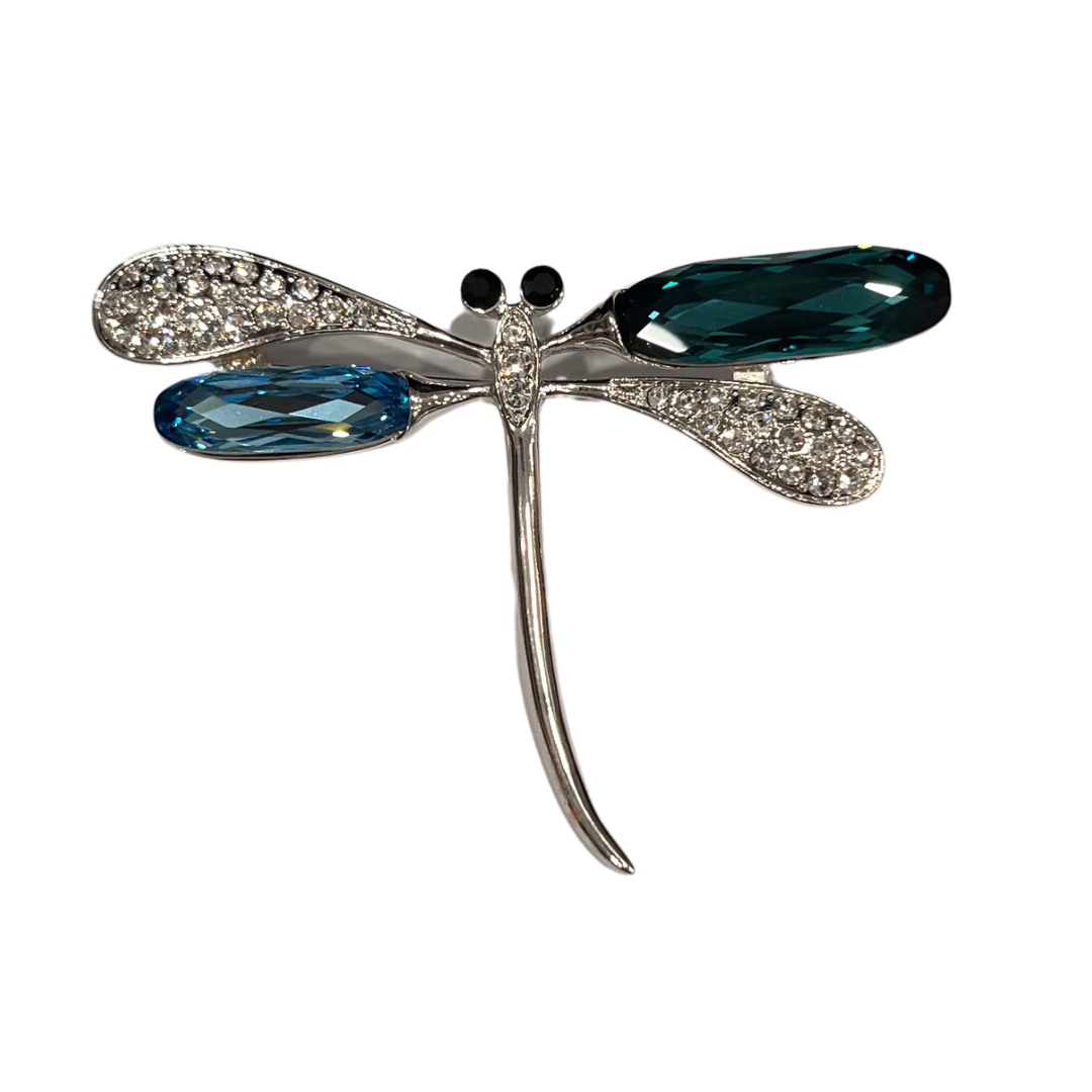 Dragonfly Brooch with Clear & Blue Rhinestone Wings