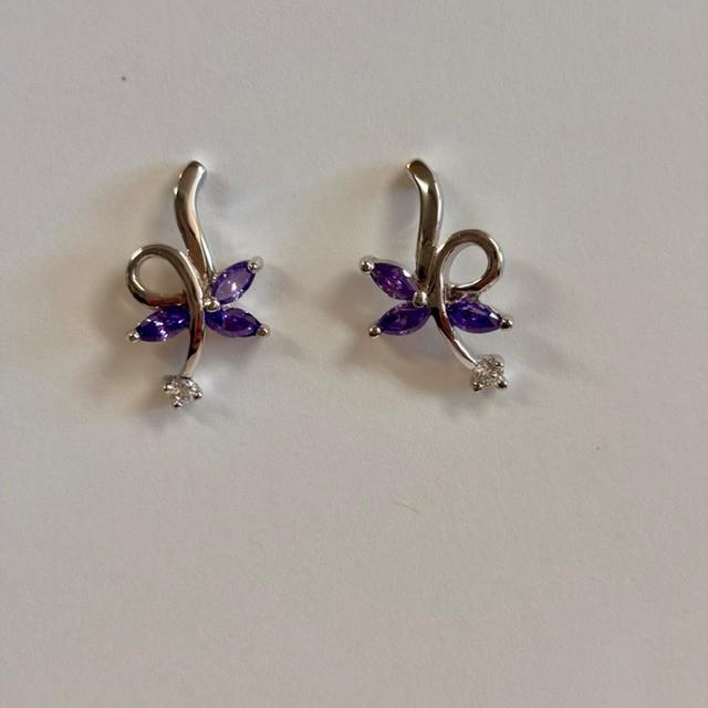 Sterling Silver Dragonfly Earrings with Purple & Clear Crystals