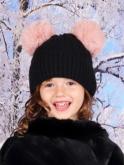 Kids Black Double Pom Pom Knitted Hat – Dusty Pink Pom Poms