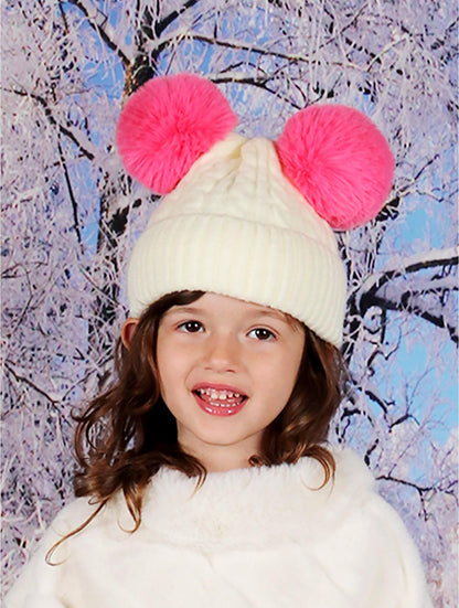 Kids Cream Double Pom Pom Knitted Hat – Hot Pink Pom Poms