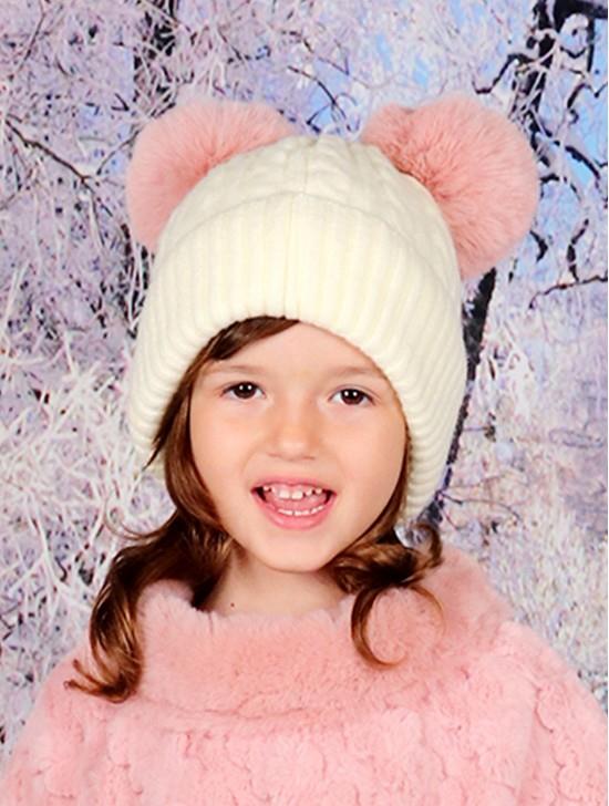 Kids White Double Pom Pom Knitted Hat – Dusty Pink Pom Poms