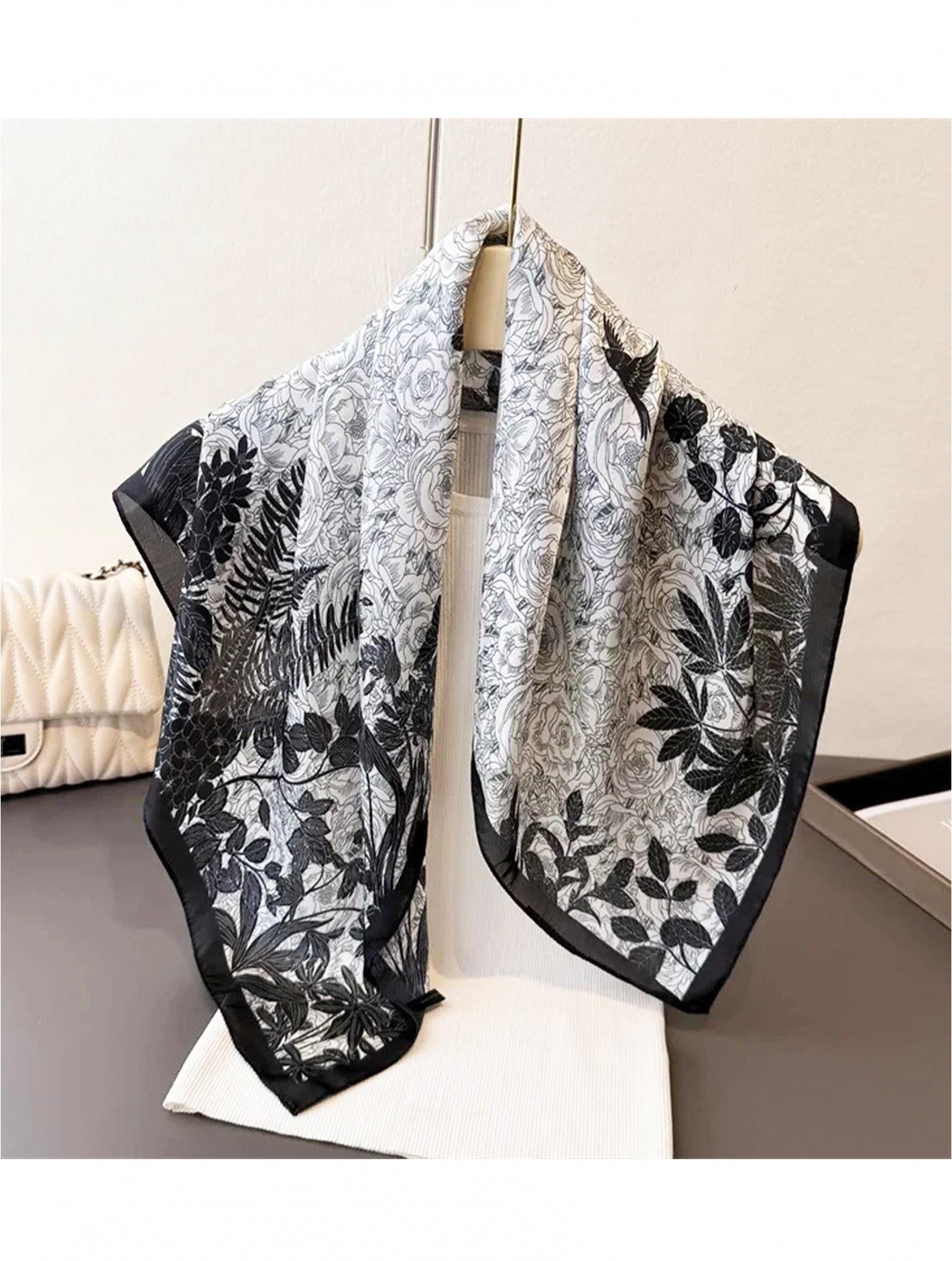 White Rose Silk-Feeling Square Scarf with Black Trim – 27.5"