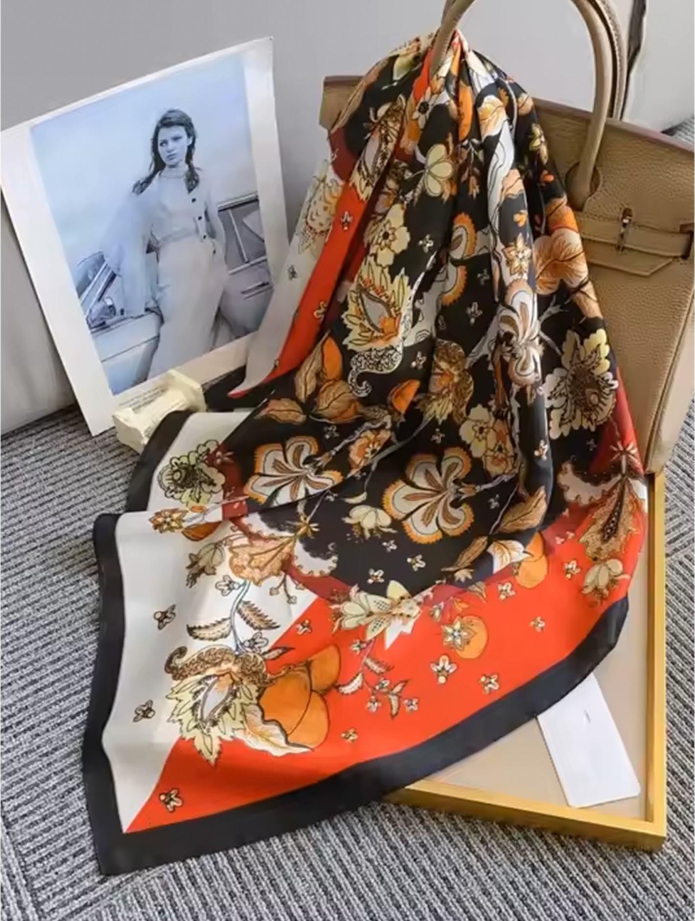 Rich Orange & Gold Floral Square Scarf with Black Trim – 27.5"