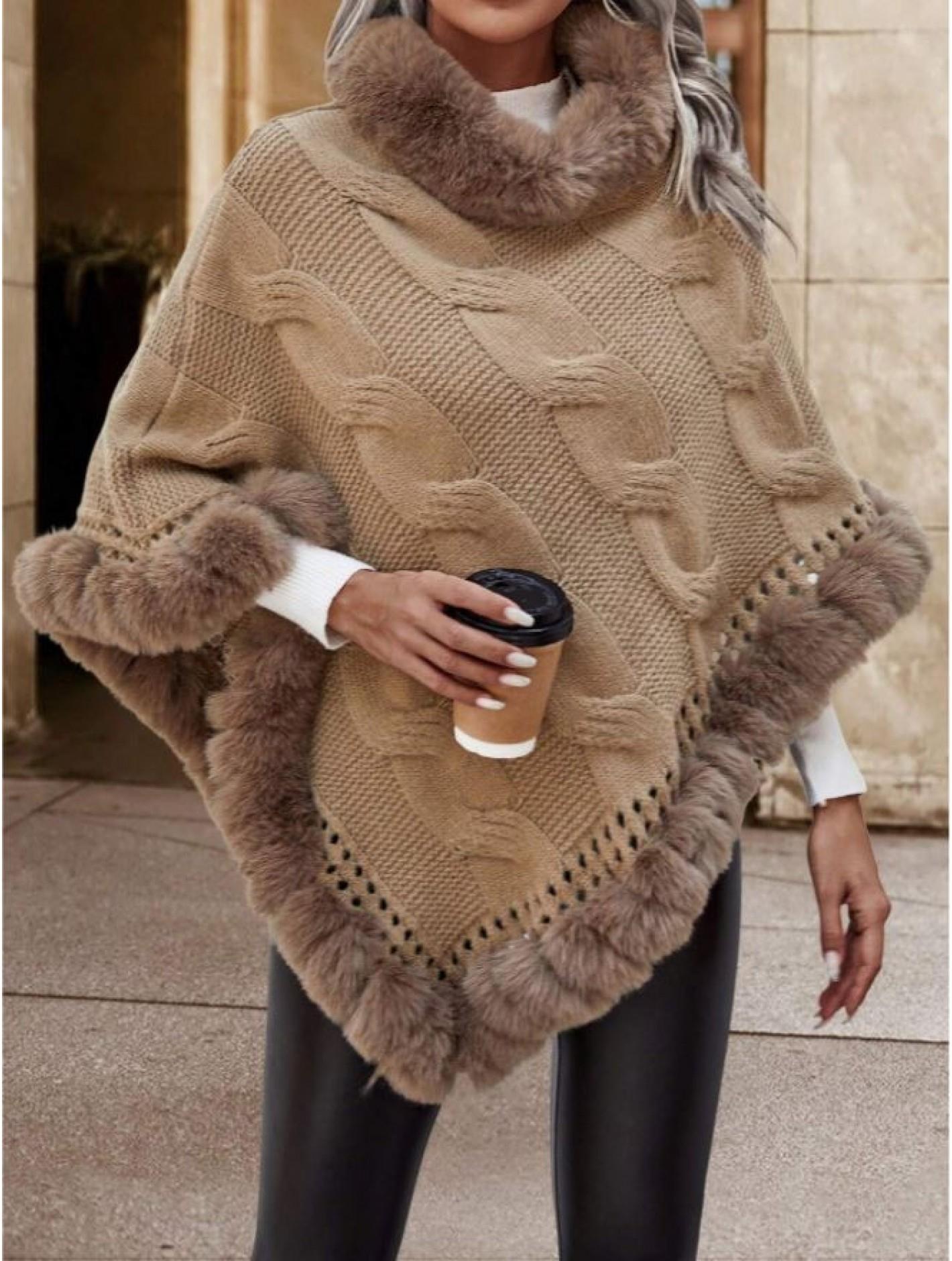 Taupe Solid Color Poncho with Faux Fur Collar – One Size