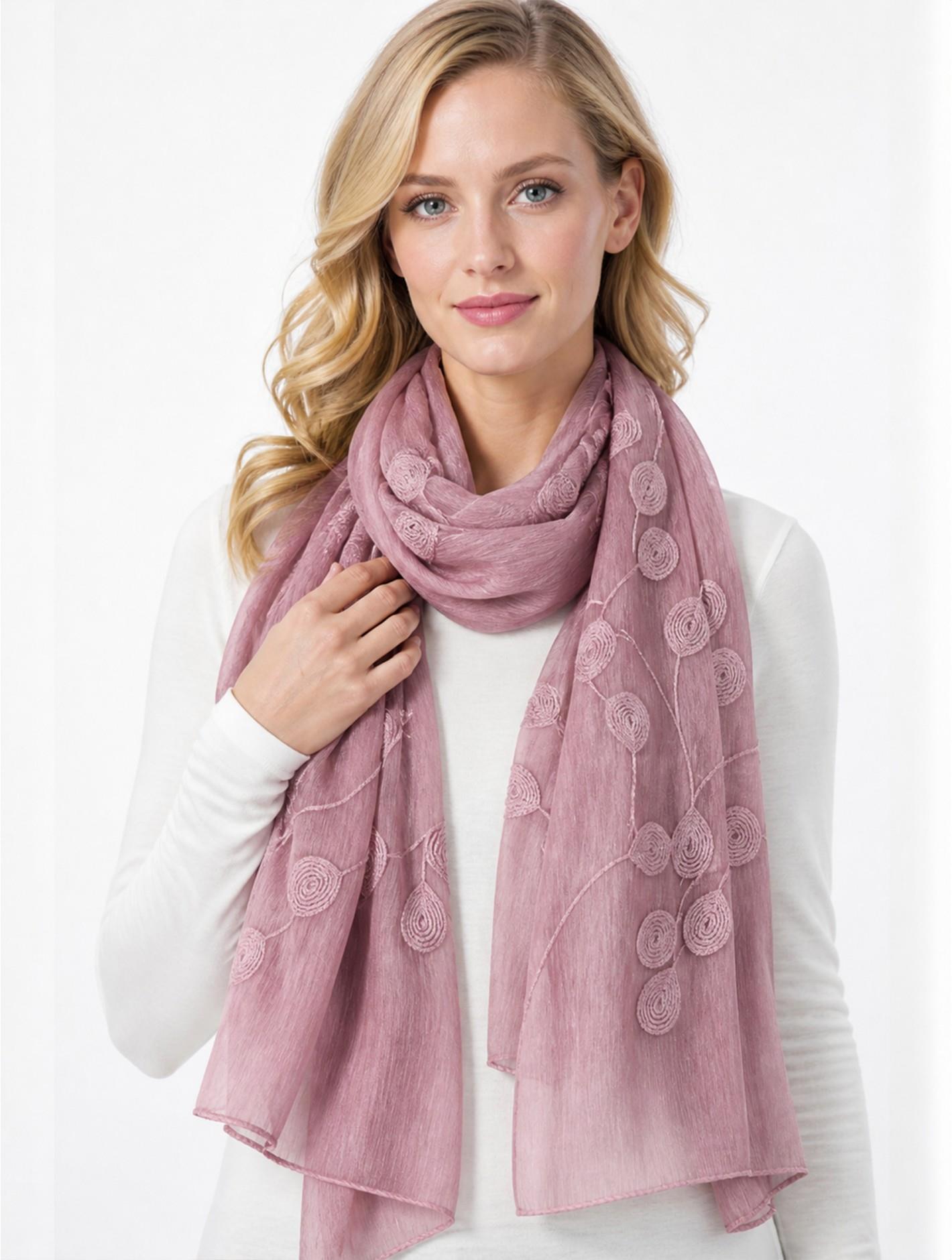 Mauve Lightweight Scarf with Embroidered Leaves