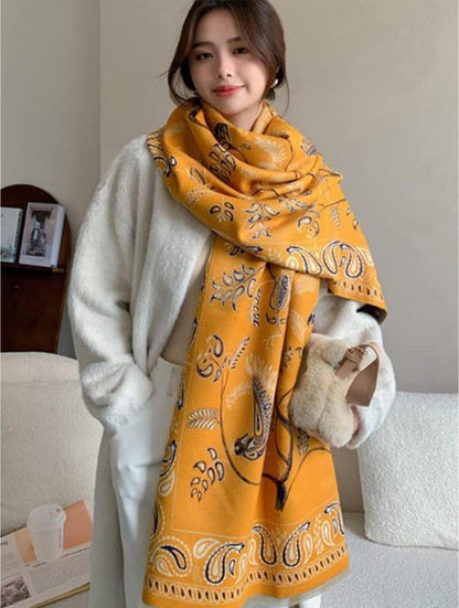 Mustard & Navy Paisley Print Blanket Scarf