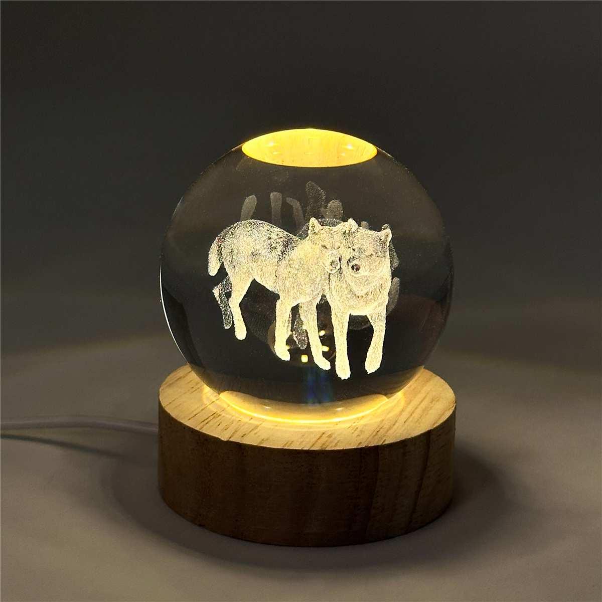3D Wolves Crystal Ball with Wood Base