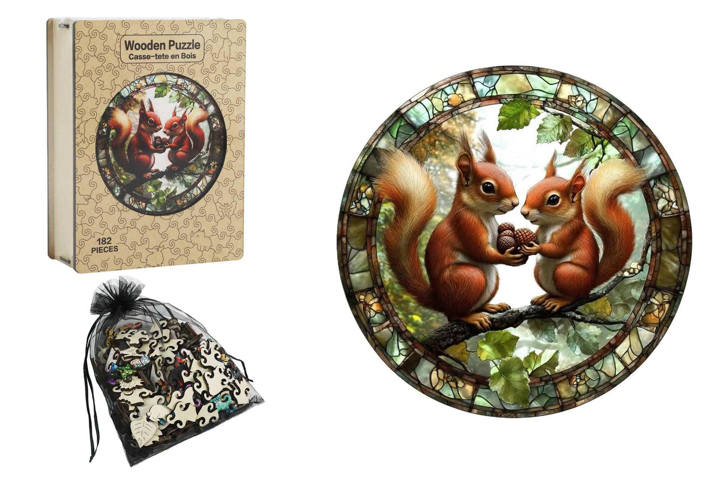 Wood Round Squirrels Puzzle Set