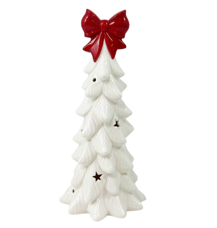 Porcelain White LED Tree with Red Bow