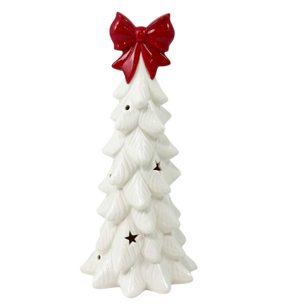 Porcelain White LED Tree with Red Bow