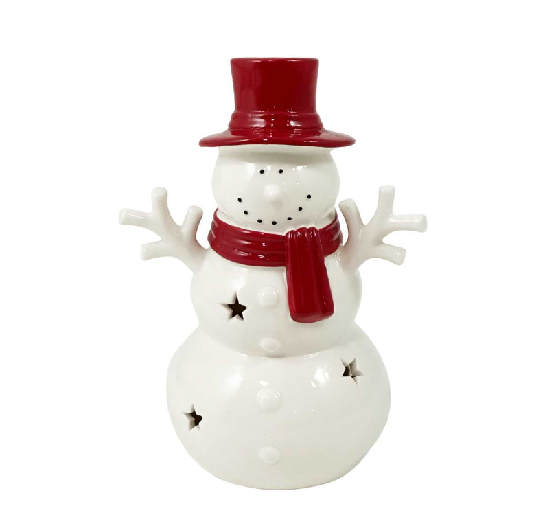 Porcelain White LED Snowman with Red Cap & Scarf
