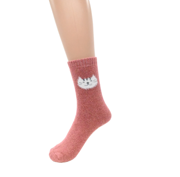Ladies Dark Pink Cat Face Socks
