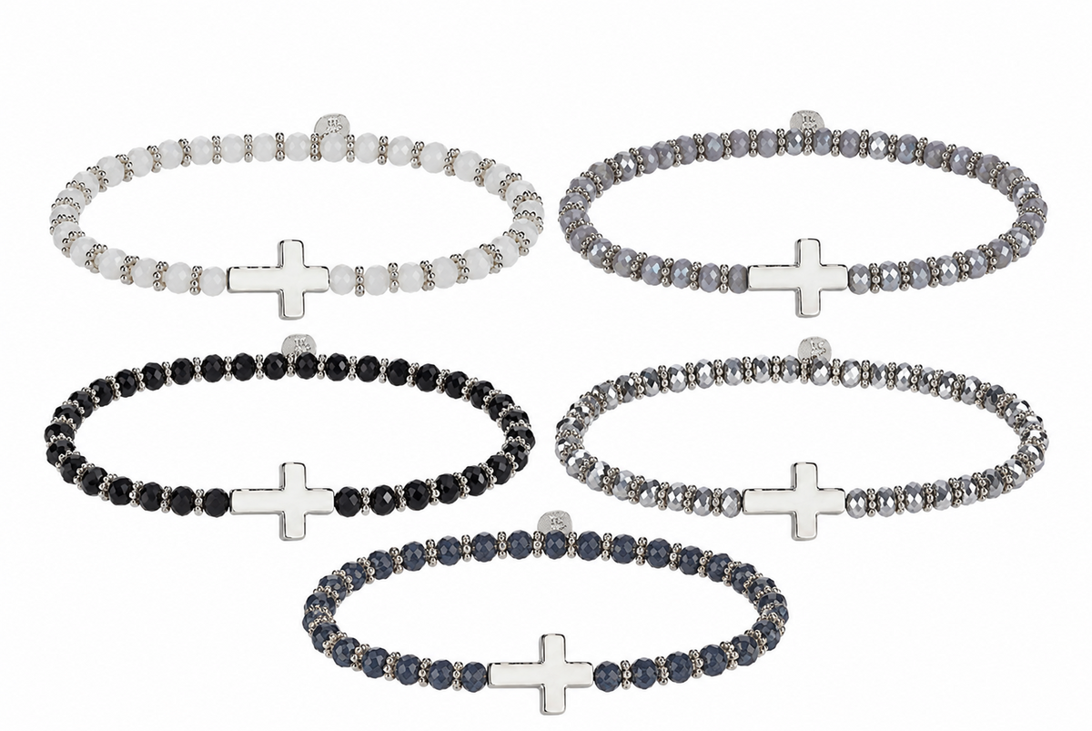 Crystal Beaded Stretch Bracelet with Sideways Silver Cross