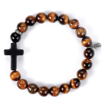 Men’s Tiger Eye Beaded Bracelet with Onyx Cross