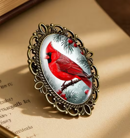 Cardinal Brooch in Antique Gold-Tone Frame