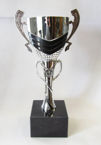 Silver Metal Cup with Black Trim on Marble Base