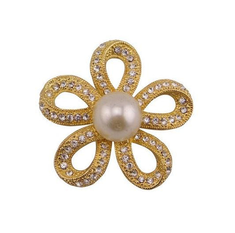 Gold Tone Brooch with Pearl and Rhinestones