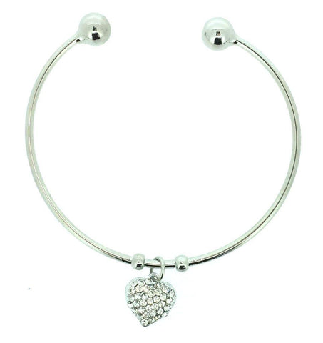 Silver Tone Solid Bracelet with Rhinestone Heart